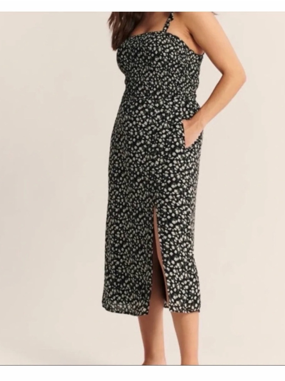 Abercrombie & Fitch Black Floral Smocked Midi Dress with Slit